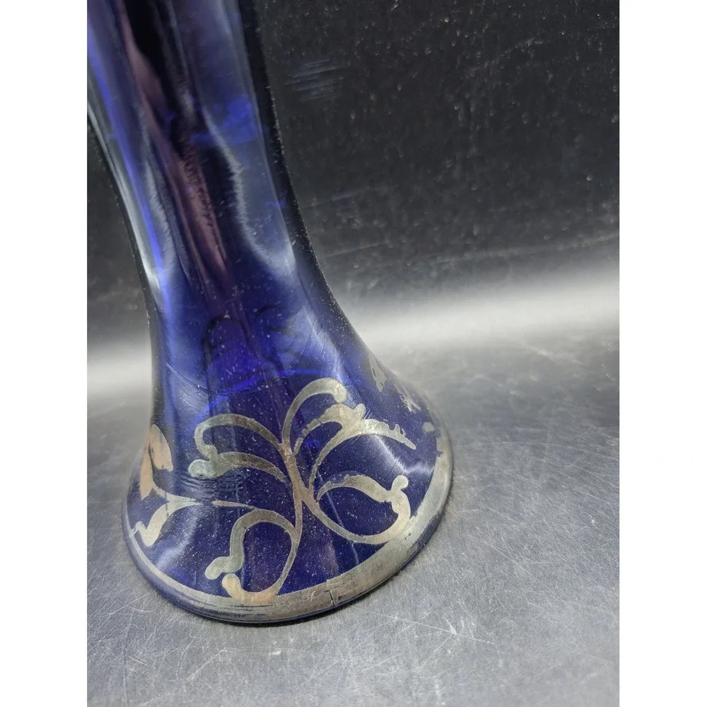 Vintage Cobalt Blue Glass Candlestick Holder Silver Overlay Floral Trumpet 8in